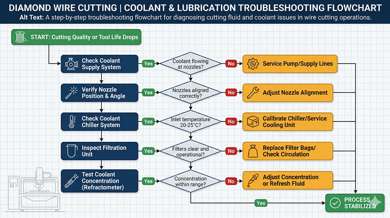 Пошаговая блок-схема для диагностики проблем с охлаждающей жидкостью и смазочно-охлаждающими жидкостями при проволочной резке.